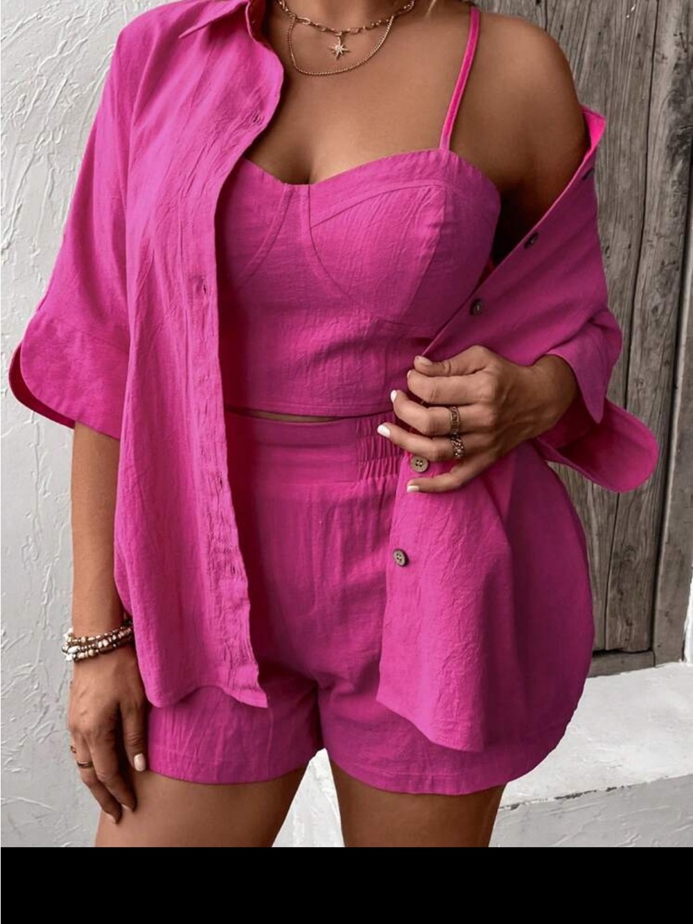 SHEIN Hot Pink 3-Piece Linen Blend Crop Top, Shorts & Button Shirt Set
